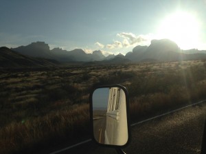 Edna cruises by the Chisos Mountains